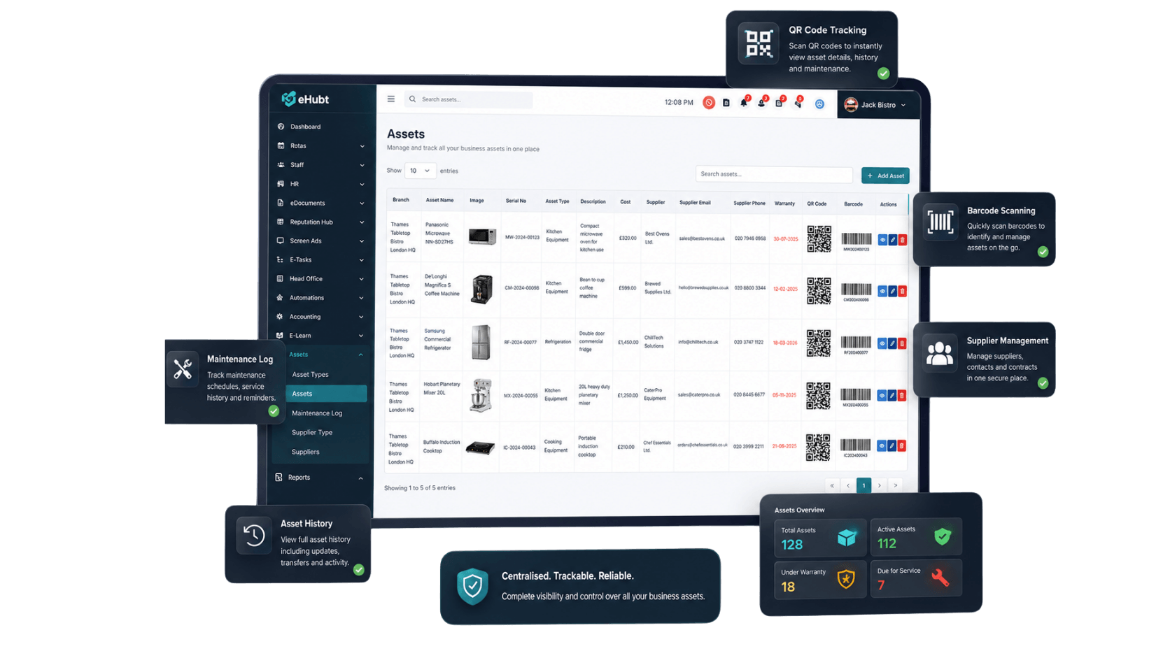 Asset management software Asset Management Software dashboard showing asset records QR codes barcodes suppliers warranty dates and actions