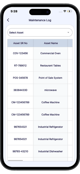 Asset management software Asset Management Software mobile screen showing maintenance log