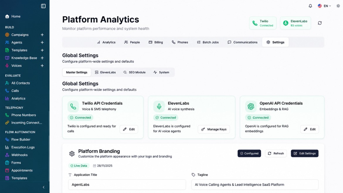 AI Phone Receptionist settings dashboard for voice calling, phone services and platform branding