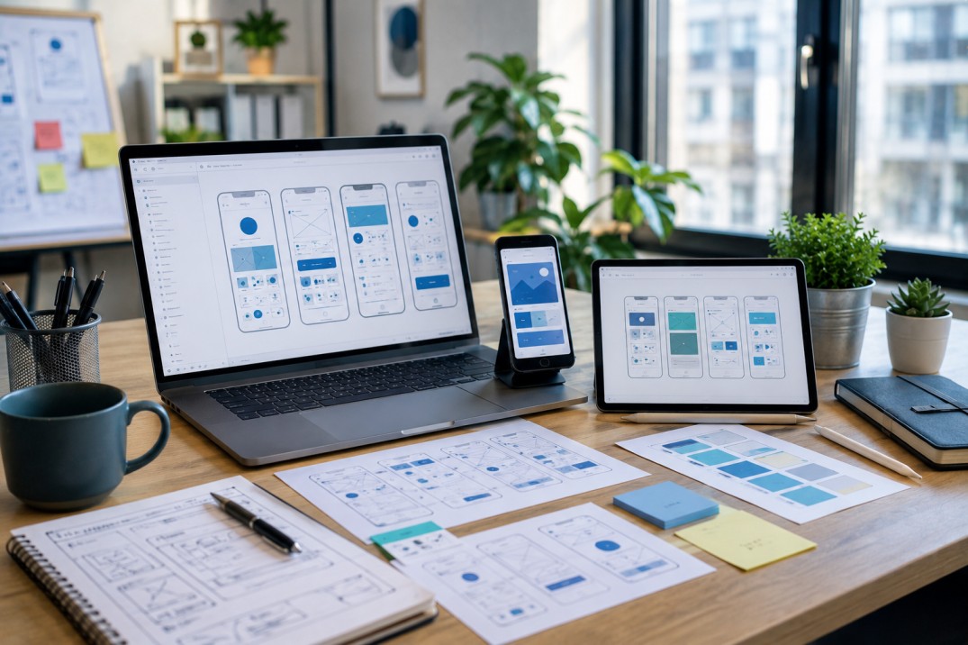 App development team creating mobile application interface and software design