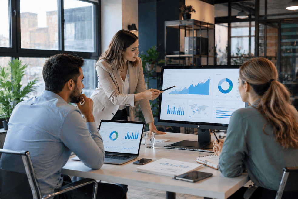 SEO team reviewing keyword rankings website analytics and digital marketing strategy