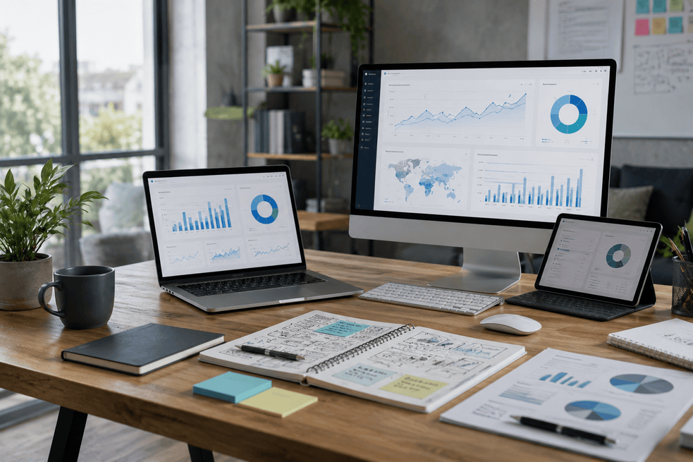 Modern SEO workspace with analytics keyword research and website optimisation planning